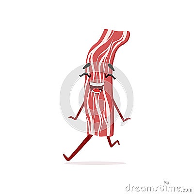 Cartoon bacon character running with cheerful face. Vector Illustration