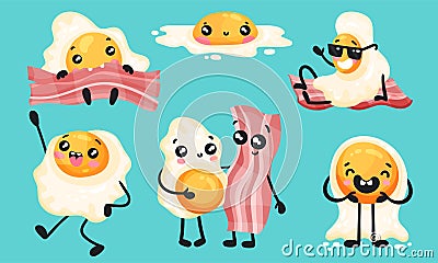 Cartoon Bacon Strip and Scrambled Egg Doing Different Activities Vector Set Vector Illustration