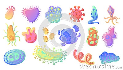 Cartoon bacteria. Ameba and virus cell probiotic collection. Flu germ. Microbes and bacillus disease. Unicellular Vector Illustration