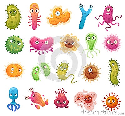 Cartoon bacteria mascot. Virus character, bacterias with funny faces. Color microbes and disease viruses isolated vector Vector Illustration