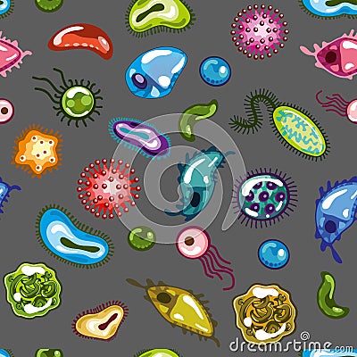Cartoon Bacterias seamless pattern. the world under the microscope. Microbes and viruses. Pathogen microorganism Germs Vector Illustration
