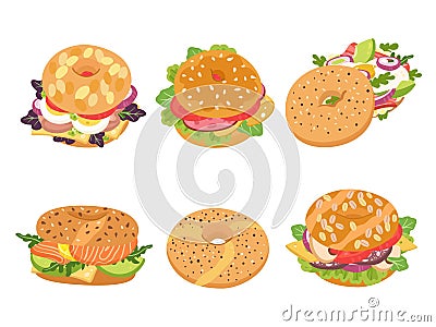 Cartoon bagel. Lunch food donut sandwich, gourmet restaurant breakfast bagels with cheese, salmon and avocado vector set Vector Illustration