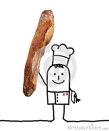 Cartoon Baker Chef with big french Baguette in Hand Stock Photo