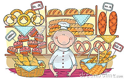 Cartoon baker selling bread and buns at the bakery Vector Illustration