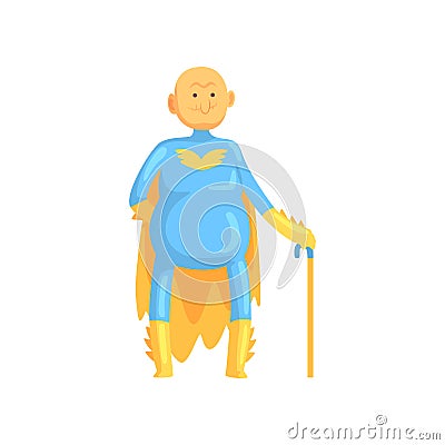 Cartoon bald and toothless old man character in costume with yellow cape, gloves and walking stick. Funny grandfather Vector Illustration