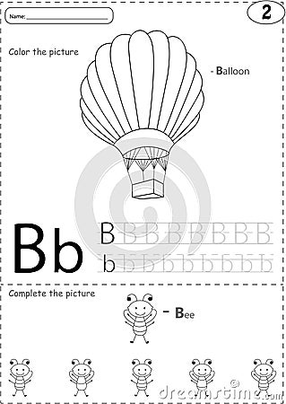 Cartoon balloon and bee. Alphabet tracing worksheet: writing A-Z and educational game for kids Vector Illustration