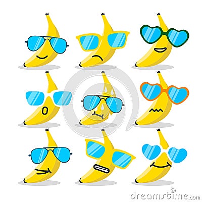 Cartoon banana emojis with sunglasses. Vector Illustration