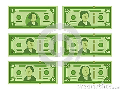 Cartoon banknote. Dollar cash, money banknotes and one hundred dollars bills stylized vector flat illustration Vector Illustration