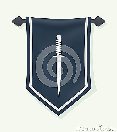 Cartoon Banner. Dagger Silhouette on Hanging Wall Pennant. Vertical Textile Flag. Knife Sign. Can Be Used as Logo for Medieval Vector Illustration