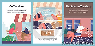 Cartoon Banners with Characters Sitting, Chatting And Enjoy Coffee In Street Cafe. Concept of Ambiance And Atmosphere Vector Illustration