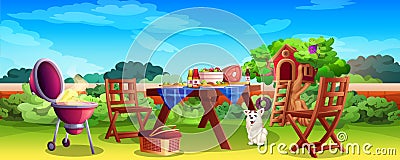 Cartoon barbecue outdoor grill party in backyard Vector Illustration