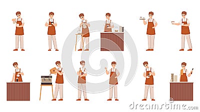 Cartoon barista working. Young male character doing coffee, pours grains into coffee maker. Flat barmen, cafe worker in Vector Illustration