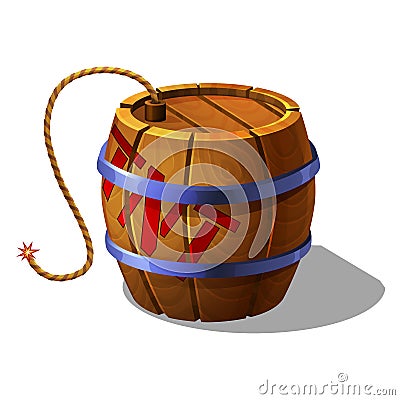 Cartoon barrel of tnt with burning wick for games. Vector Illustration