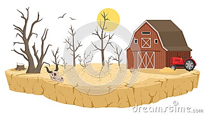 Cartoon barren lands, natural disaster. Drought land, dry farmlands soil with dead trees, barrenness and soil poverty flat vector Vector Illustration