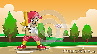 Cartoon baseball girl player on the field Vector Illustration