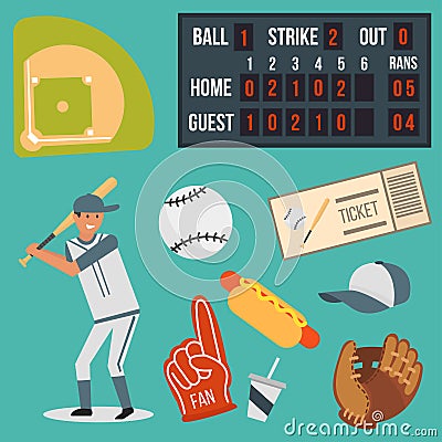 Cartoon baseball player icons batting vector design american game athlete sport league equipment Vector Illustration