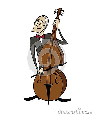 Cartoon bassist. Musician playing a classical double bass. Vector Illustration