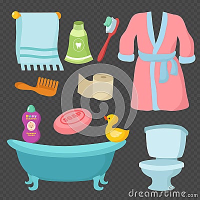 Cartoon bathroom accessories set vocabulary vector illustration Vector Illustration