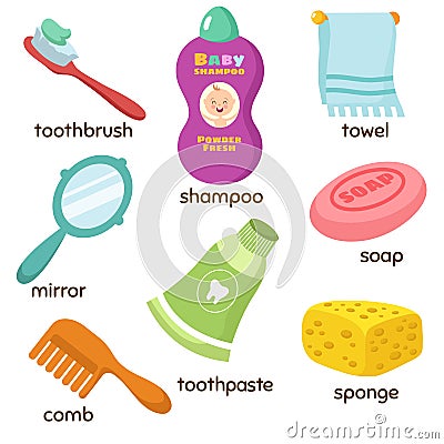 Cartoon bathroom accessories vocabulary vector icons. Mirror, towel, sponge, toothbrush and soap Vector Illustration