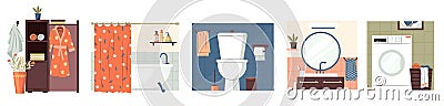 Cartoon bathroom and toilet interiors. Bathroom with washbasin and shower, minimalistic lavatory with shelves and Vector Illustration