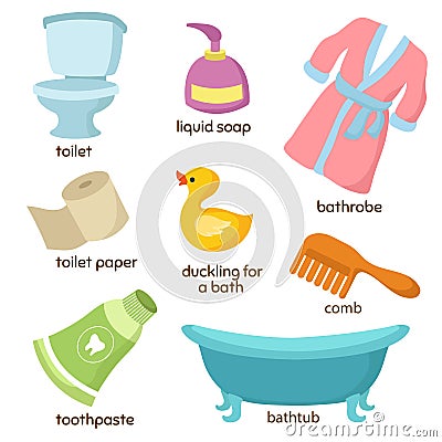 Cartoon bathroom vector equipments. Toilet, sink and bathtub Vector Illustration