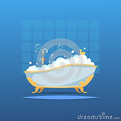 Cartoon bathtub. Bath bubble foam bathroom flat interior shower hot water cute wash duck. Vector bathroom with bath Vector Illustration