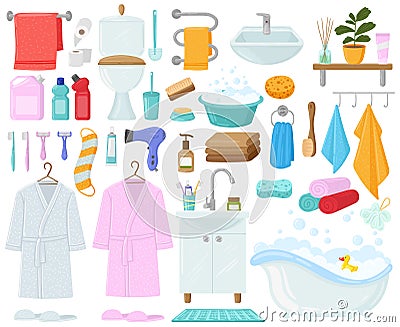 Cartoon bathtub, towels and hygiene products, bathroom elements. Bathroom hygiene accessories, bathrobe, bathtub and Vector Illustration