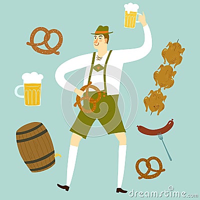 Cartoon Bavarian man with beer and food Cartoon Illustration