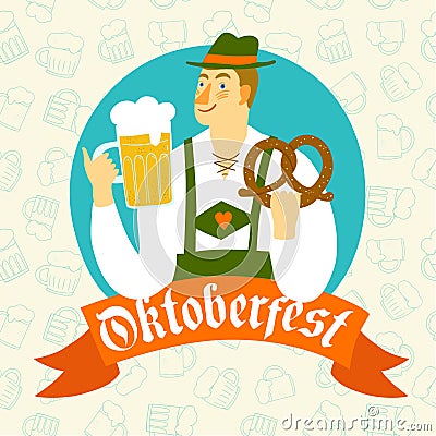 Cartoon Bavarian man with beer and pretzel Vector Illustration