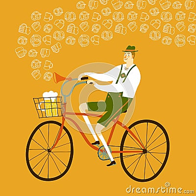 Cartoon Bavarian man cyclist with beer and pretzel Cartoon Illustration