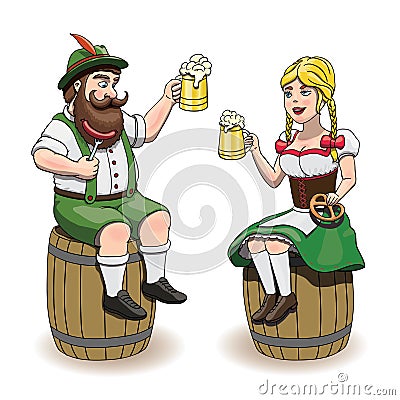 Cartoon Bavarian man and woman with beer, sausage and pretzel. Oktoberfest illustration, EPS 10, white background Vector Illustration