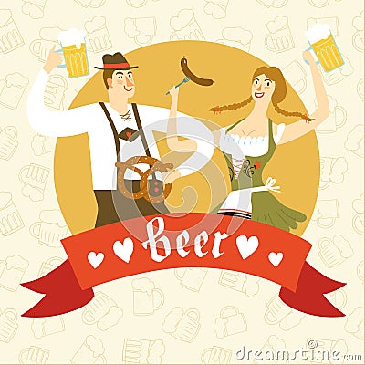 Cartoon Bavarian pair with beer and pretzel Cartoon Illustration