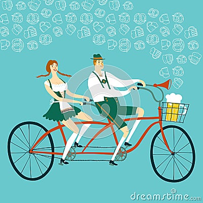 Cartoon Bavarian pair cyclist with beer Vector Illustration