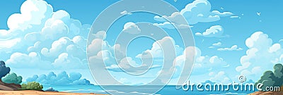 Cartoon beach with clouds and trees, AI Stock Photo