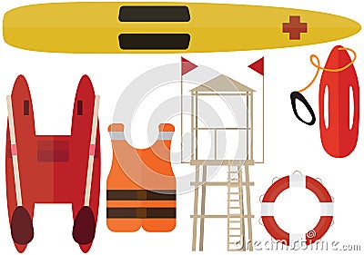 Cartoon beach rescuer color pack summer boat station help lifeguard Vector Illustration