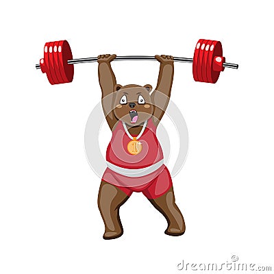 Cartoon bear athlete with a barbell on a white isolated background. Vector image Vector Illustration