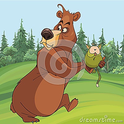 Cartoon bear carefully holds frightened cat on its paws Vector Illustration