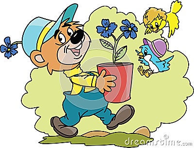 Cartoon bear carrying a flower pot full of blue flowers vector Vector Illustration