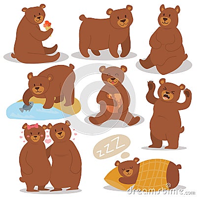 Cartoon bear character different pose vector set. Vector Illustration