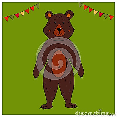 Cartoon Bear character standing on his hind legs. Shrovetide or Maslenitsa. Elements Russian national holiday. Folk tale Vector Illustration