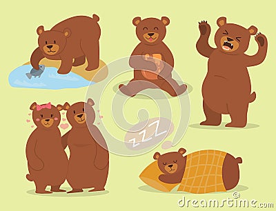 Cartoon bear character teddy pose vector set wild grizzly cute illustration adorable animal design. Vector Illustration