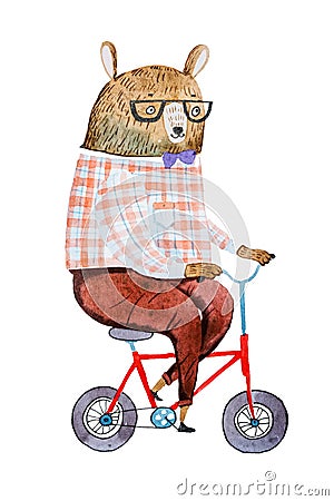 Cartoon bear dressed up in hipster clothes riding a bike drawn on white paper with watercolor technique Stock Photo