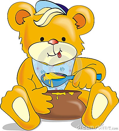Cartoon bear eating honey with appetite Vector Illustration