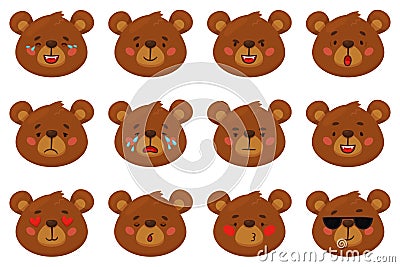 Cartoon bear emoji. Funny animal emotions, brown grizzly faces, different moods, heads expressions, wilde forest mammal Vector Illustration