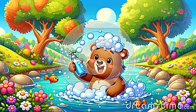 Cartoon Bear Bathing in River Stock Photo