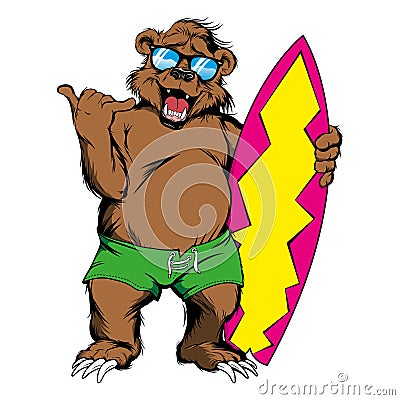 Cartoon bear gives shaka sign holding a surfboard Vector Illustration