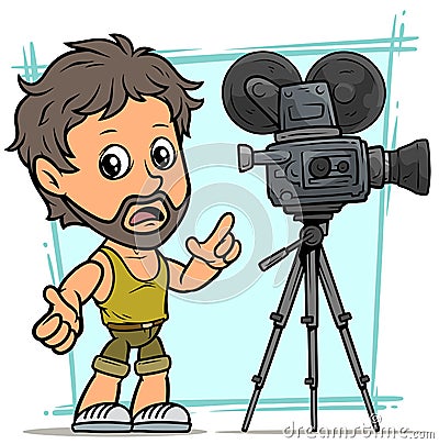 Cartoon bearded boy character with movie camera Vector Illustration