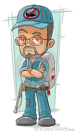 Cartoon bearded exterminator in blue uniform Vector Illustration