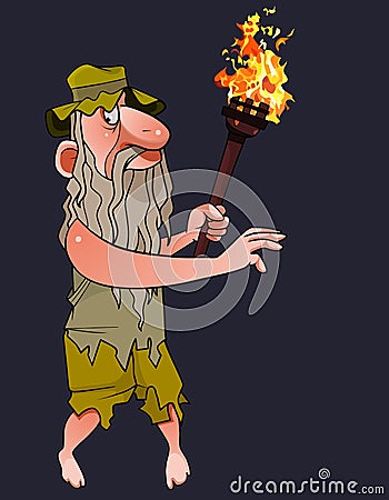 Cartoon bearded grandfather in torn clothes and a panama hat with a torch in his hand Vector Illustration