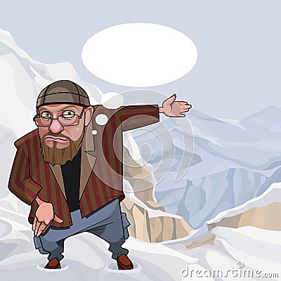 Cartoon bearded man standing in snowy mountains pointing hand to side Vector Illustration